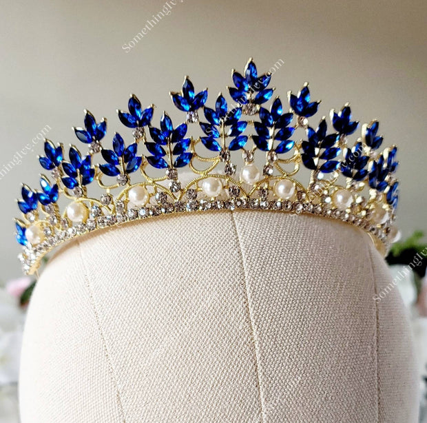 Fast Ship - 2" Blue & Gold Tiara with Sapphire Blue Stones and Pearls -  Gold High Tiara -  Gold Crown with Royal Blue Stones -