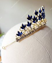 Fast Ship - 2" Blue & Gold Tiara with Sapphire Blue Stones and Pearls -  Gold High Tiara -  Gold Crown with Royal Blue Stones -