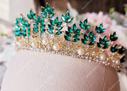 Fast Ship - Pearl & Emerald Green/Gold Baroque Crown - Emerald Green Tiara - Tiara with Emerald Green Stones - Gold Crowns