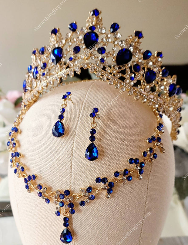Fast Ship - 2.5" Crown Set- Blue & Gold Tiara with Sapphire Blue Stones -  Gold High Tiara -  Gold Crown with Royal Blue Stones and Jewelry