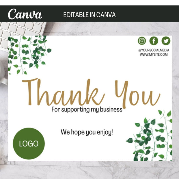 Simple Thank You Card Editable Template Download - Thank you for supporting my business card - Thank You Card Templates with Plants