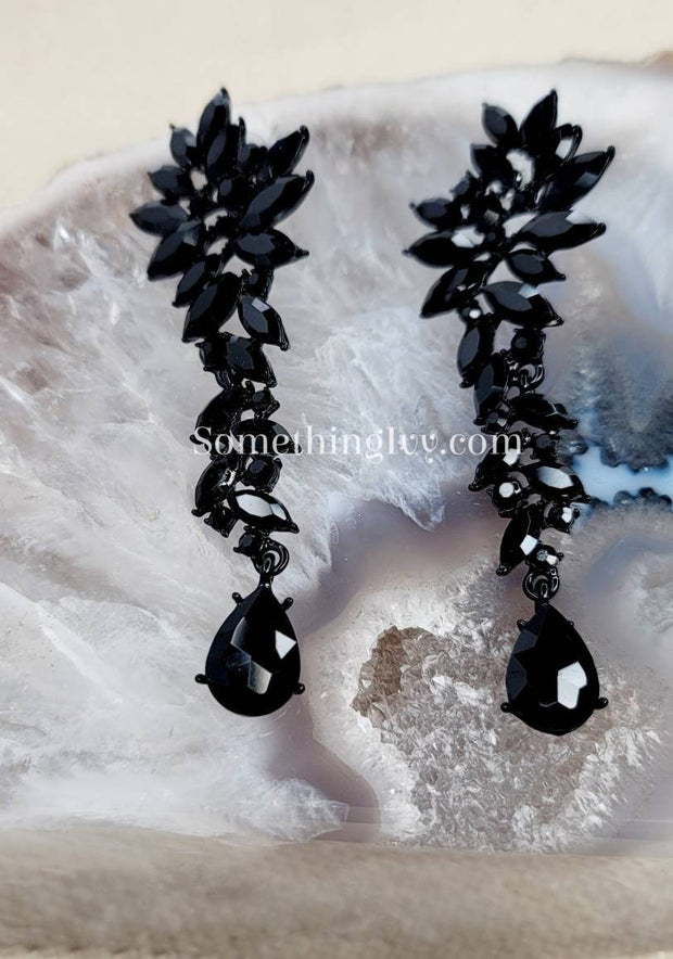 3.25" - Black Drop Earrings - Black Chandelier Earrings - Black Rhinestone Earrings - Black Prom Earrings - Pierced