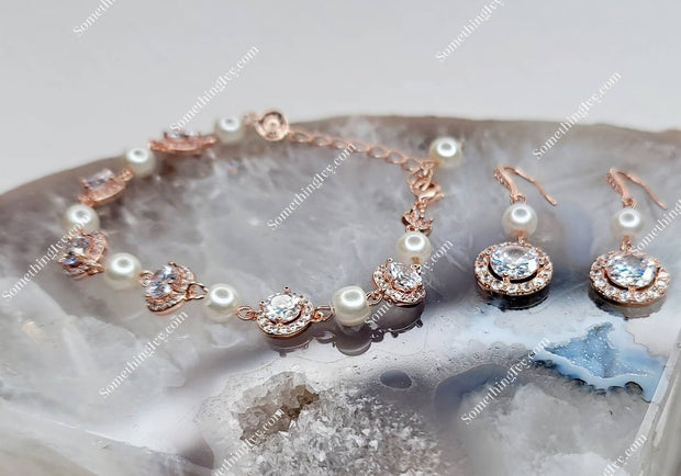 Set - Rose Gold Bracelet with Pearls- Rose Gold Earing Set- Bracelets - Ivory Pearl Bracelet- Rose Gold Wedding Bracelet - Crystal Bracelet