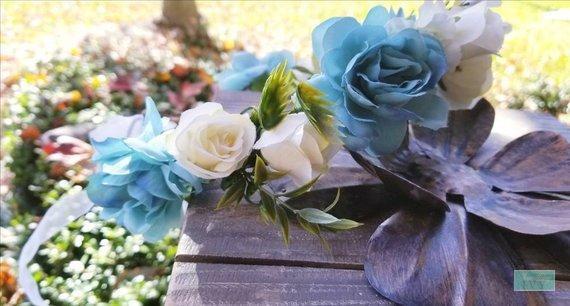 Ivory/Blue Flower Crown Wreath - Bridal Headpiece - Natural Hair Wreath-Something Ivy