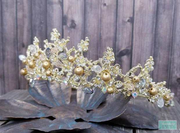 Light Gold Baroque Champagne & Rhinestone Beaded Tiara - Baroque Tiara - Multi Color Baroque Crown-Something Ivy