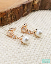 Modest Pearl & Rose Gold Drop Earrings-Something Ivy