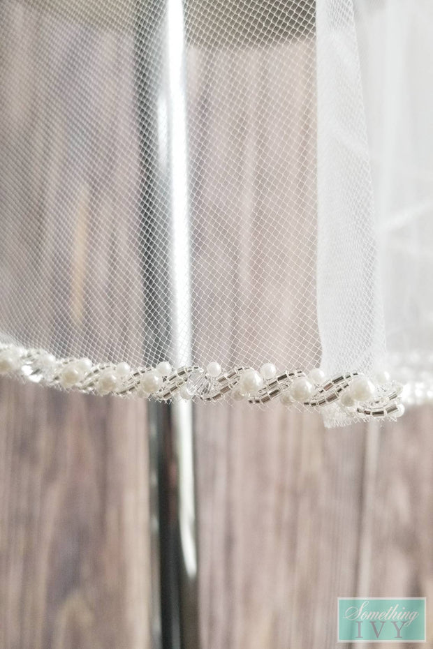 Pearl Beaded Edge Wedding Veil w/Silver Accents-Something Ivy