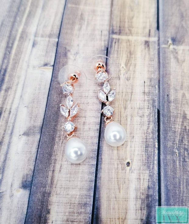 Pearl & Silver Drop Crystal Earrings-Something Ivy