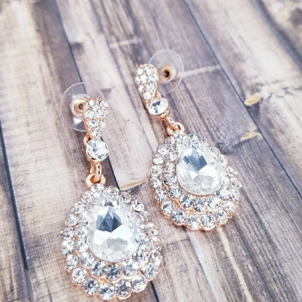 Rose Gold Chandelier Earrings - Rose Gold Pear Shaped Stone Earrings - Rose Gold Rhinestone Earrings -Rose Gold Dangle Earrings-Something Ivy