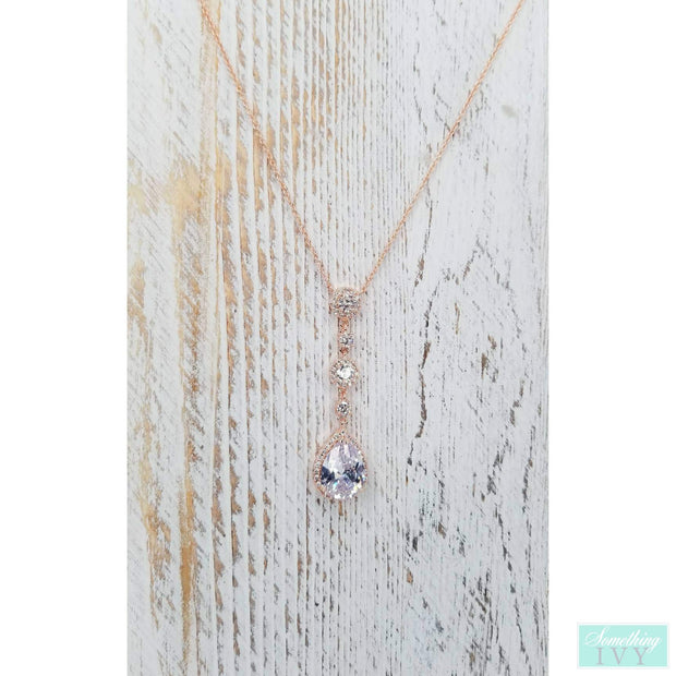 Rose Gold Cubic Zirconia Pear Shaped Drop Necklace-Something Ivy