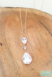 Rose Gold Cubic Zirconia Pear Shaped Drop Necklace - Rose Gold Necklace-Something Ivy