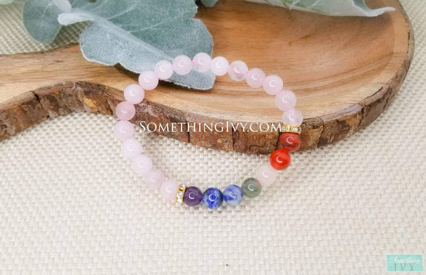 Rose Quartz and 7 Chakra Bracelet - Chakra Novelty - Chakra Jewelry - Rainbow Bracelet - Yoga Bracelet - Healing Bracelet - Rose Quartz-Something Ivy