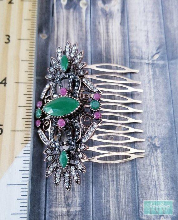 Vintage Bronze Emerald Green Focused & Ruby Comb - Victorian Style Comb - Art Deco-Something Ivy