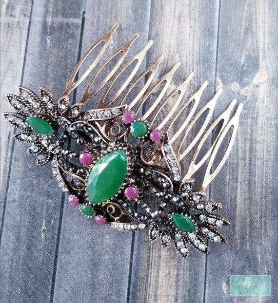 Vintage Bronze Emerald Green Focused & Ruby Comb - Victorian Style Comb - Art Deco-Something Ivy