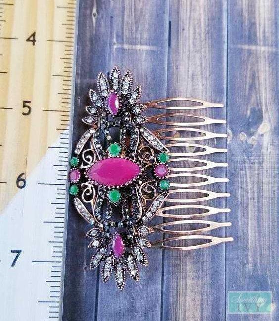 Vintage Bronze - Emerald Green & Ruby Comb - Victorian Style Comb - Art Deco-Something Ivy