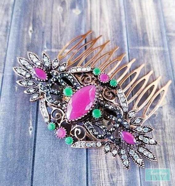 Vintage Bronze - Emerald Green & Ruby Comb - Victorian Style Comb - Art Deco-Something Ivy